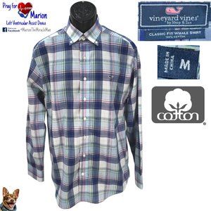 Vineyard Vines M Easton Bay Blue Pink Green Plaid Classic Fit Whale Shirt Cotton